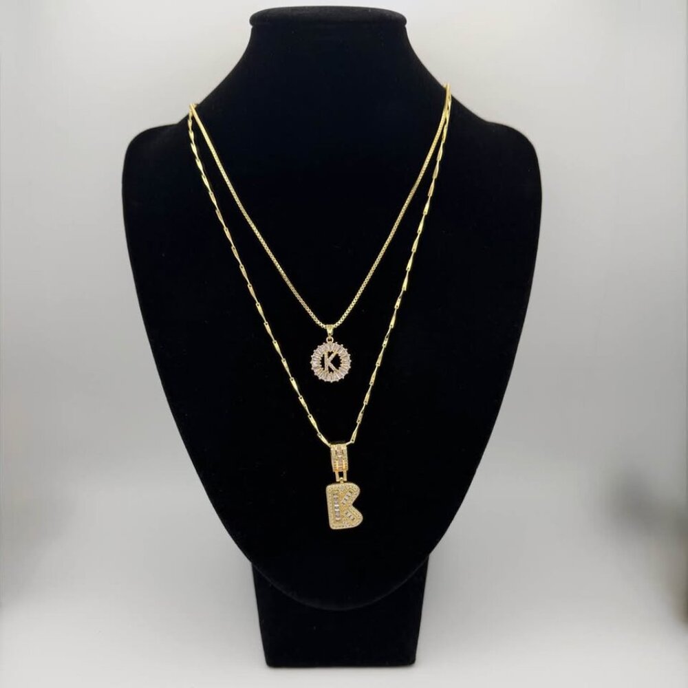 "K" Letter Necklace Set-Color: Gold, Material: Brass/Cubic Zirconia